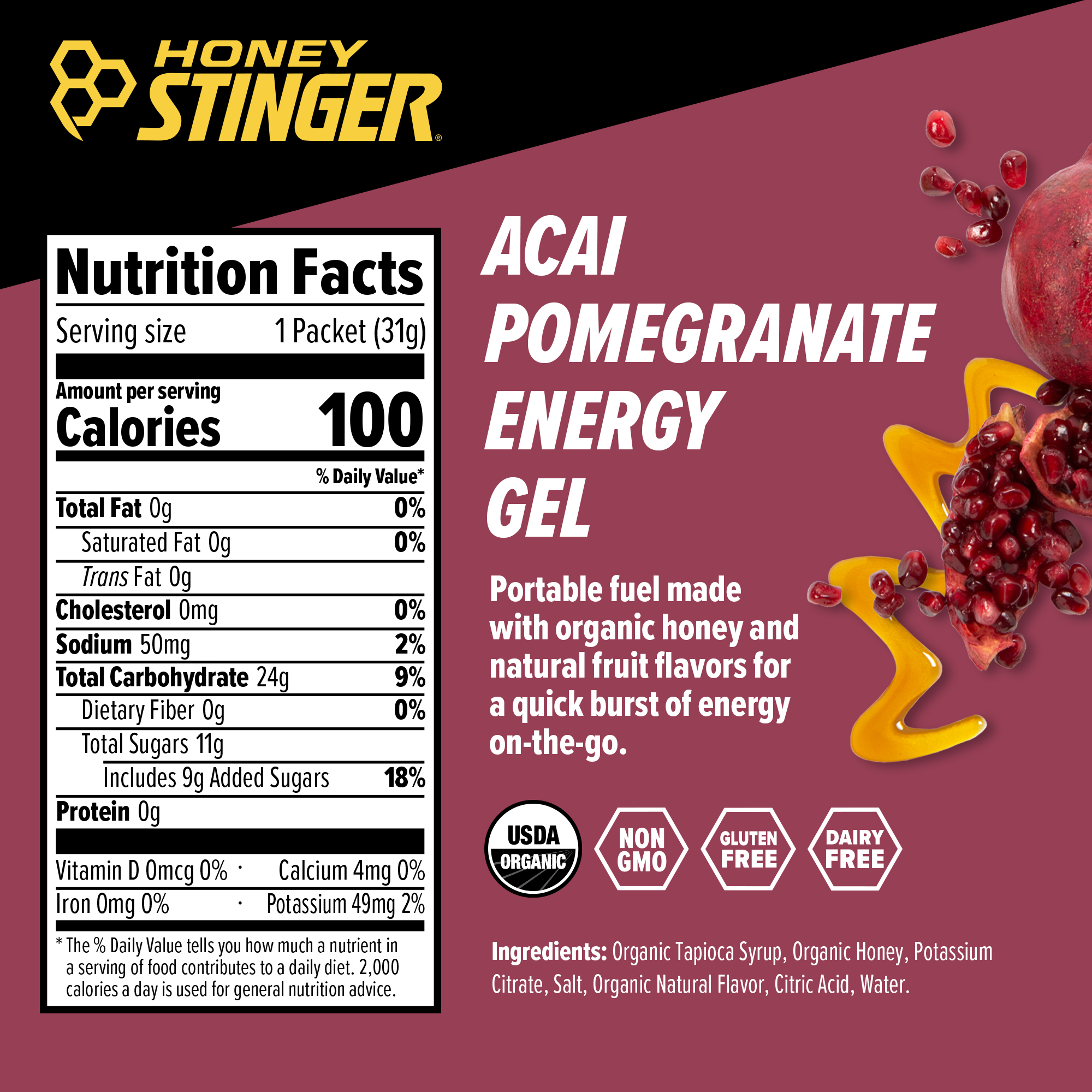 Honey Stinger Organic Energy Gel Acai Pomegranate 8 innerpacks per case 26.4 oz Nutrition Info