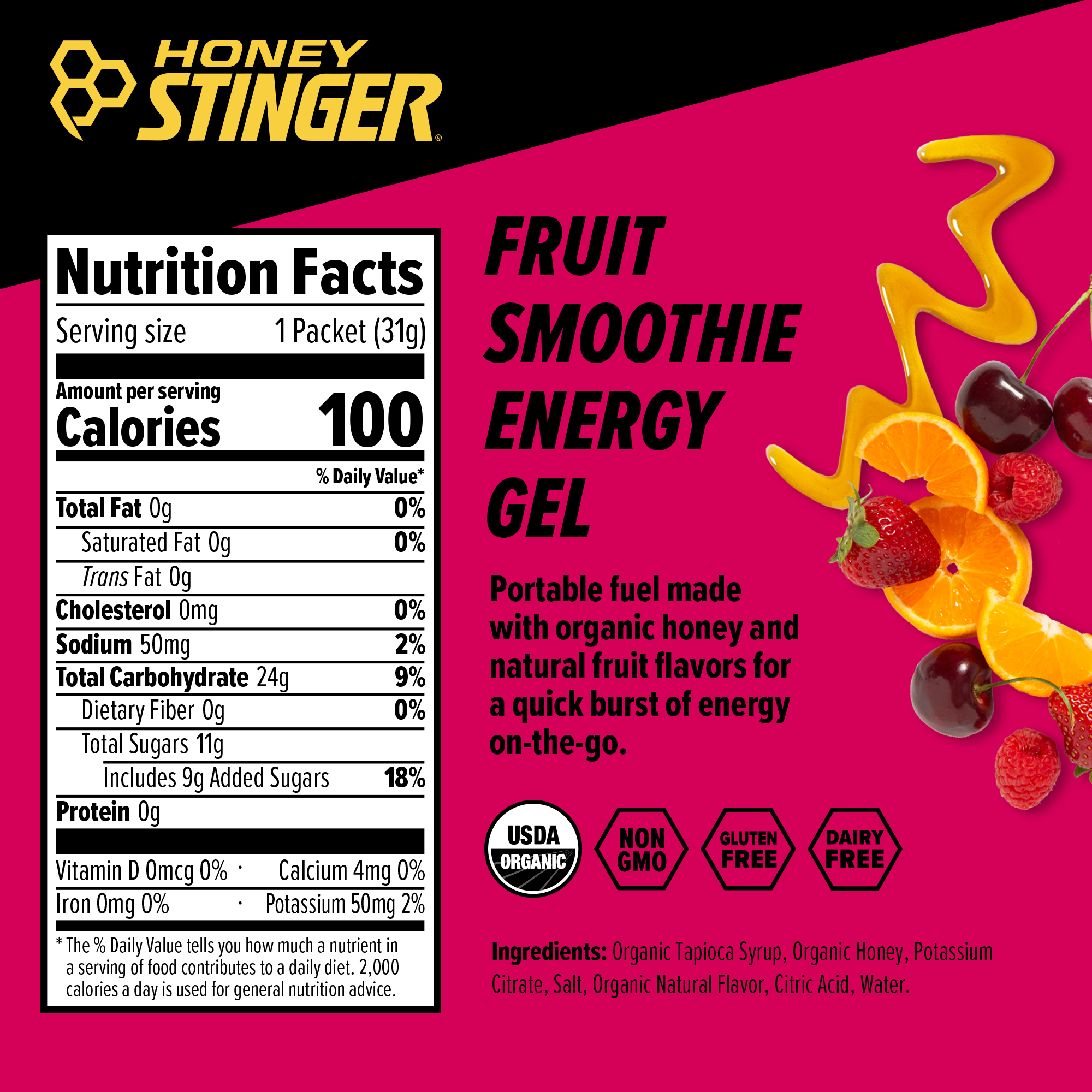 Honey Stinger Organic Energy Gel Fruit Smoothie 8 innerpacks per case 26.4 oz Nutrition Info