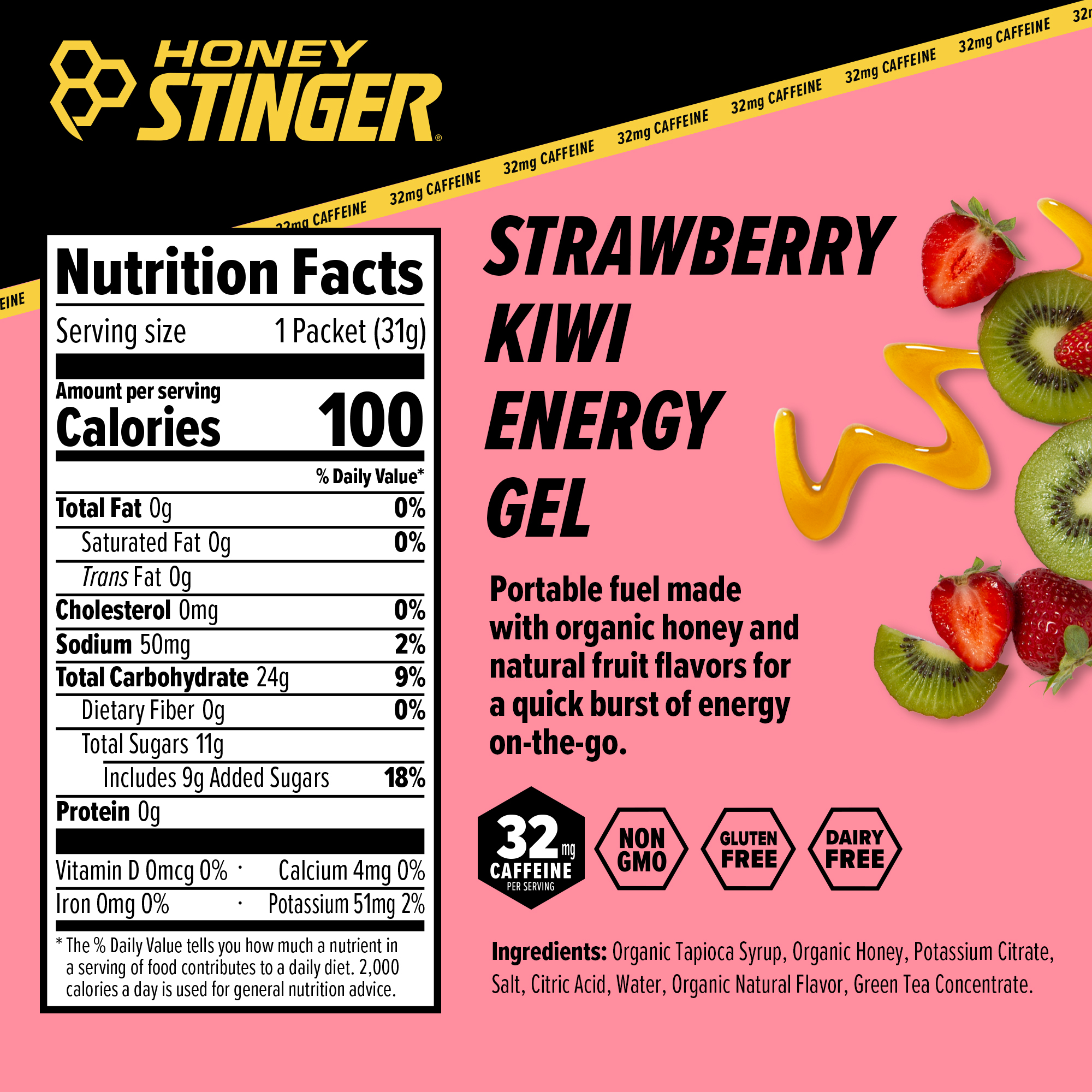 Honey Stinger Organic Energy Gel Caffeinated Strawberry Kiwi 8 innerpacks per case 26.4 oz Nutrition Info