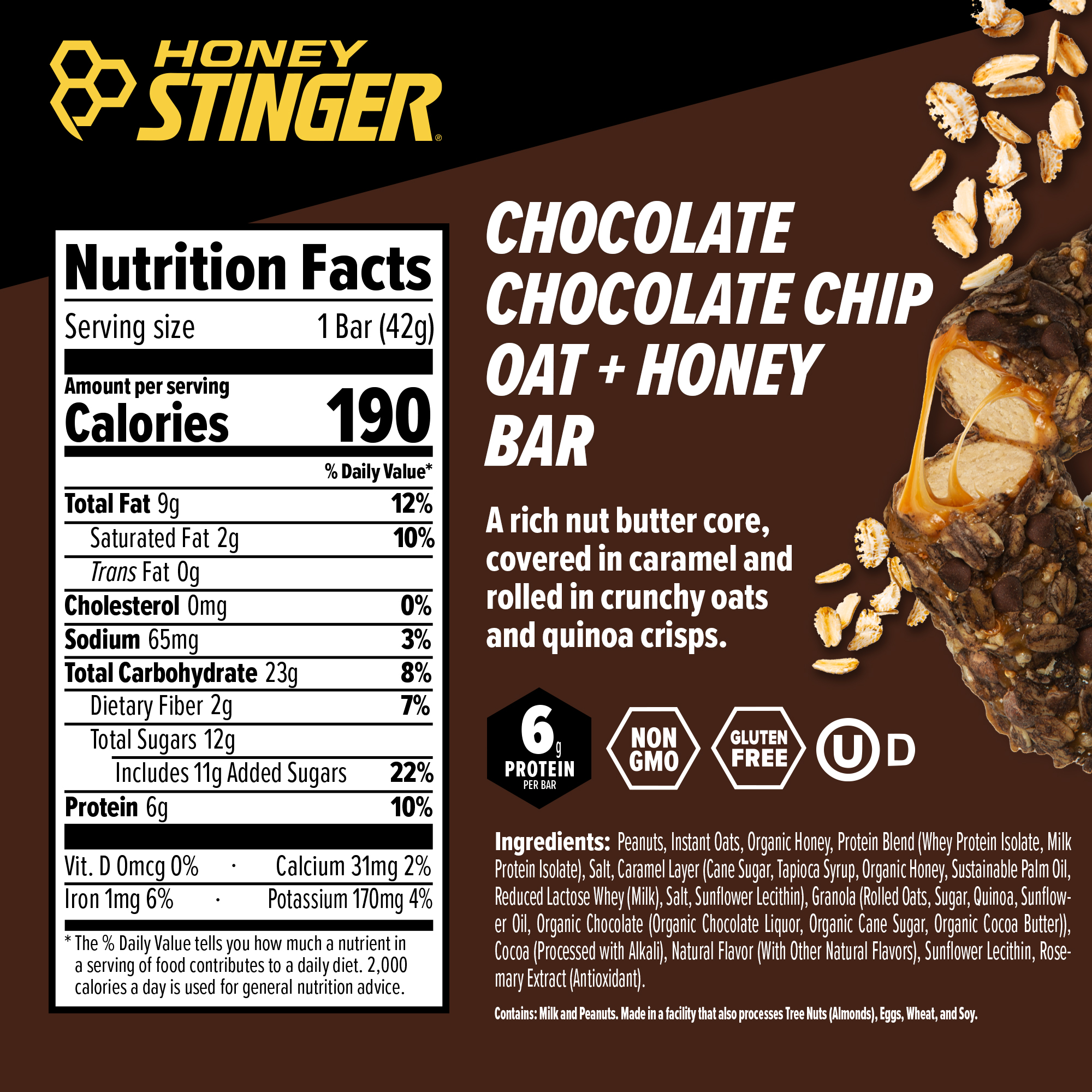 Honey Stinger Chocolate Chocolate Chip Oat + Honey Bar 12 innerpacks per case 19.2 oz Nutrition Info