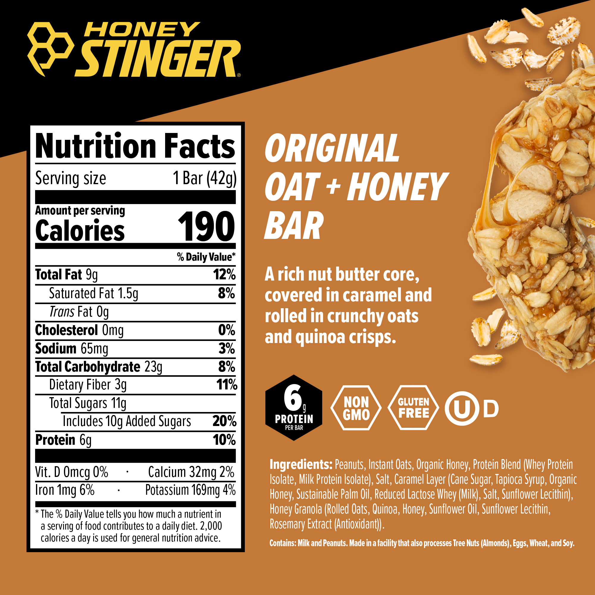 Honey Stinger Original Oat + Honey Bar 12 innerpacks per case 19.2 oz Nutrition Info