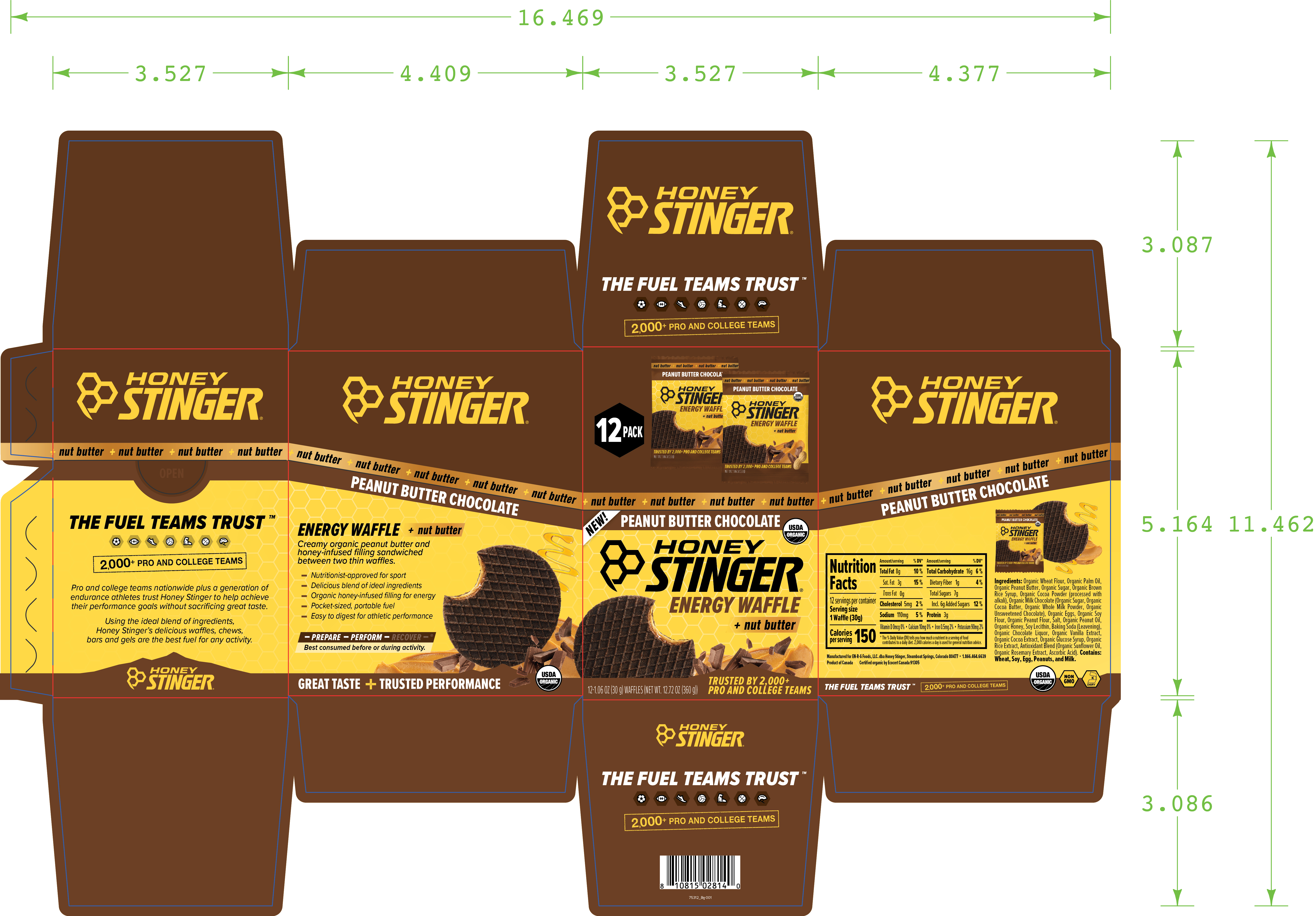 Honey Stinger Waffle Caddy Peanut Butter Chocolate 8 innerpacks per case 1.1 oz Product Label