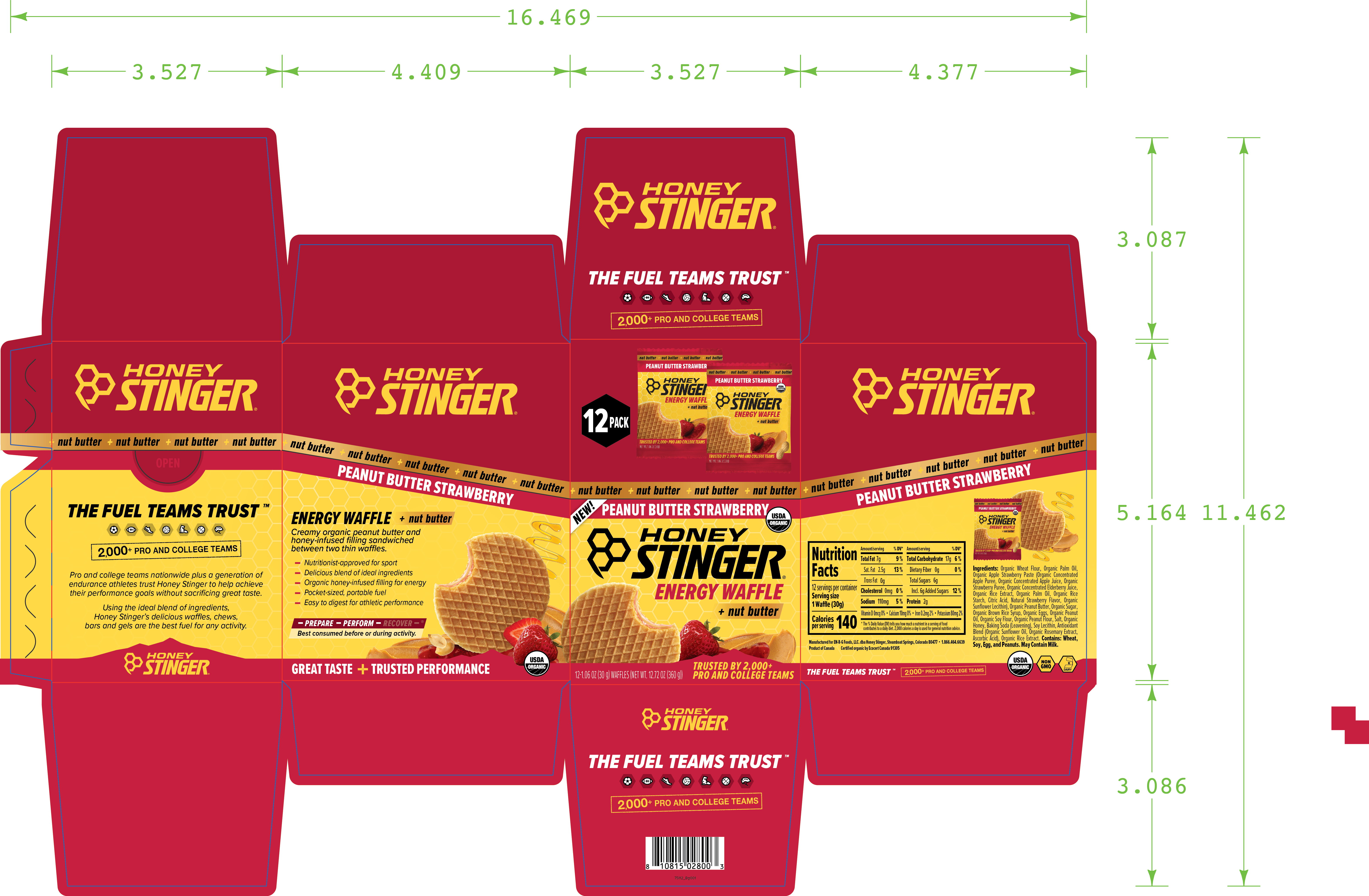 Honey Stinger Waffle Caddy Peanut Butter Strawberry 8 innerpacks per case 1.1 oz Product Label