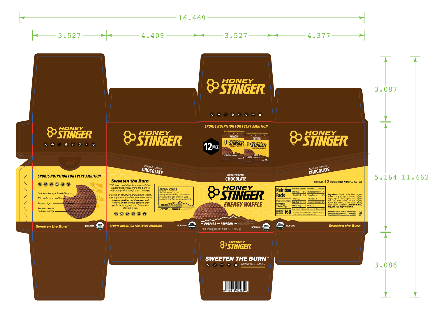 Honey Stinger Organic Waffle Chocolate 8 innerpacks per case 12.8 oz Product Label