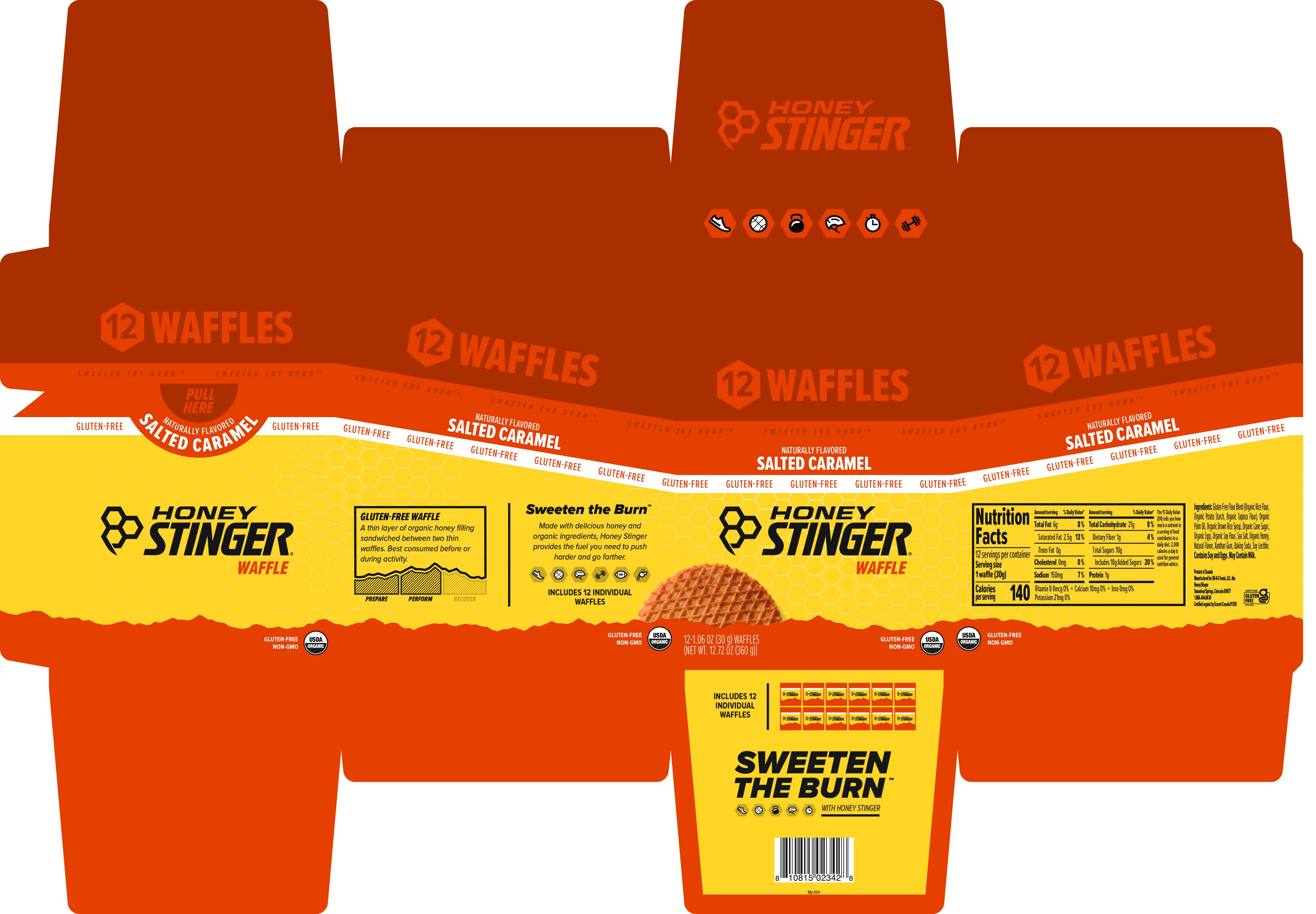 Honey Stinger Gluten-Free Waffle Caddy Salted Caramel 8 innerpacks per case 12.8 oz Product Label