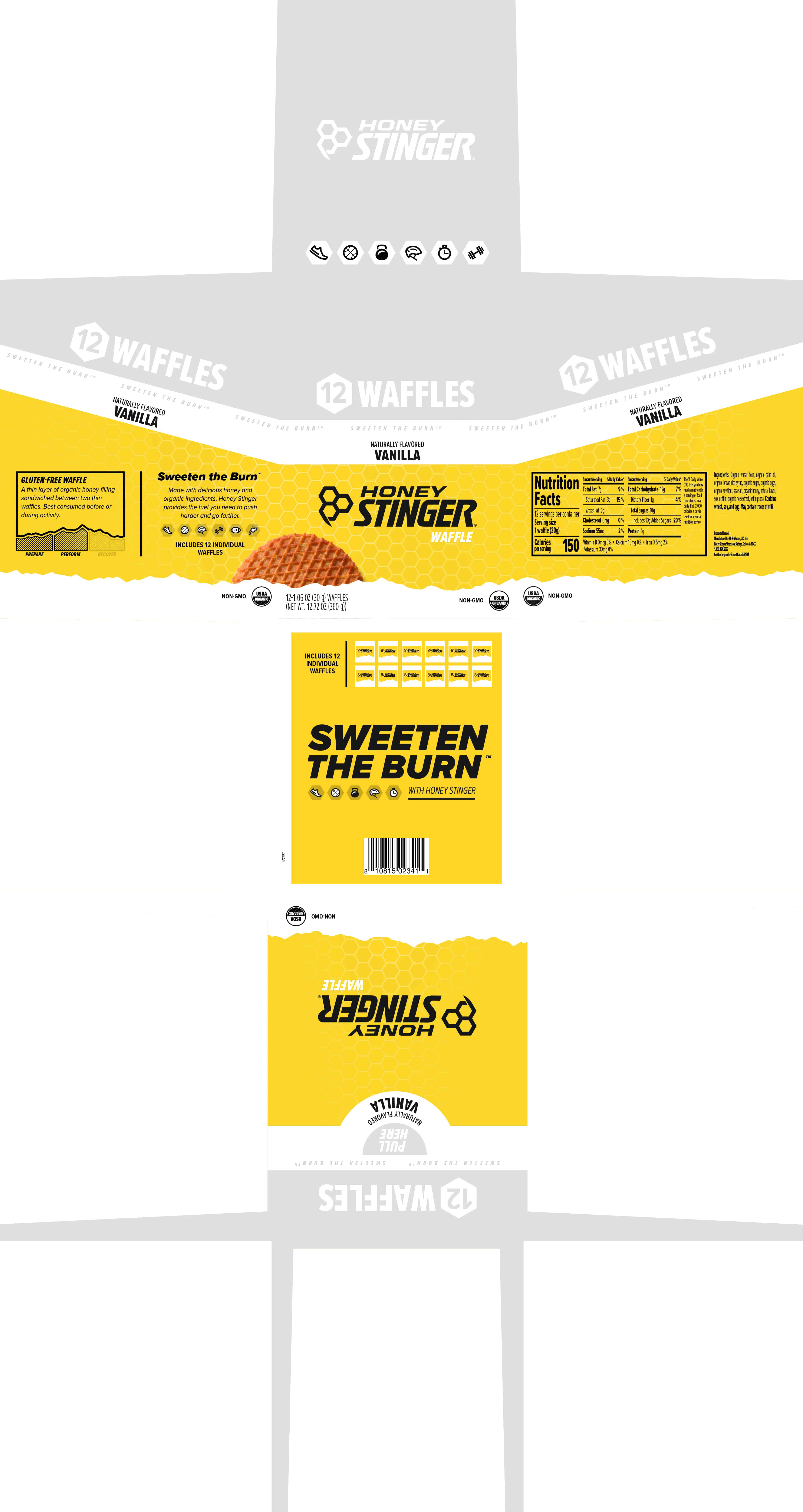 Honey Stinger Waffle Caddy Vanilla 8 innerpacks per case 12.8 oz Product Label