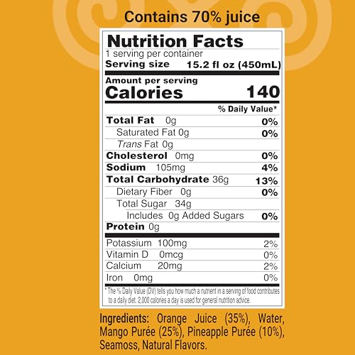 Pineapple Mango Flavored Juice Drink with Sea Moss 12 units per case 15.2 fl Nutrition Info