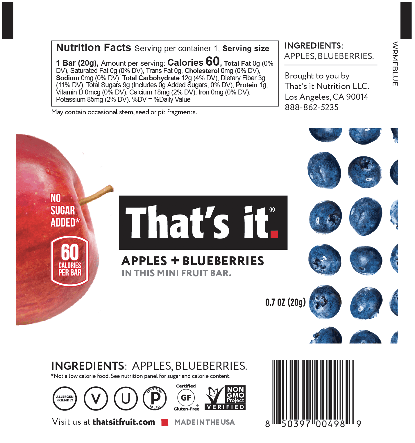 That's It Mini Fruit Bar Apple + Blueberry 50 units per case 0.7 oz Product Label