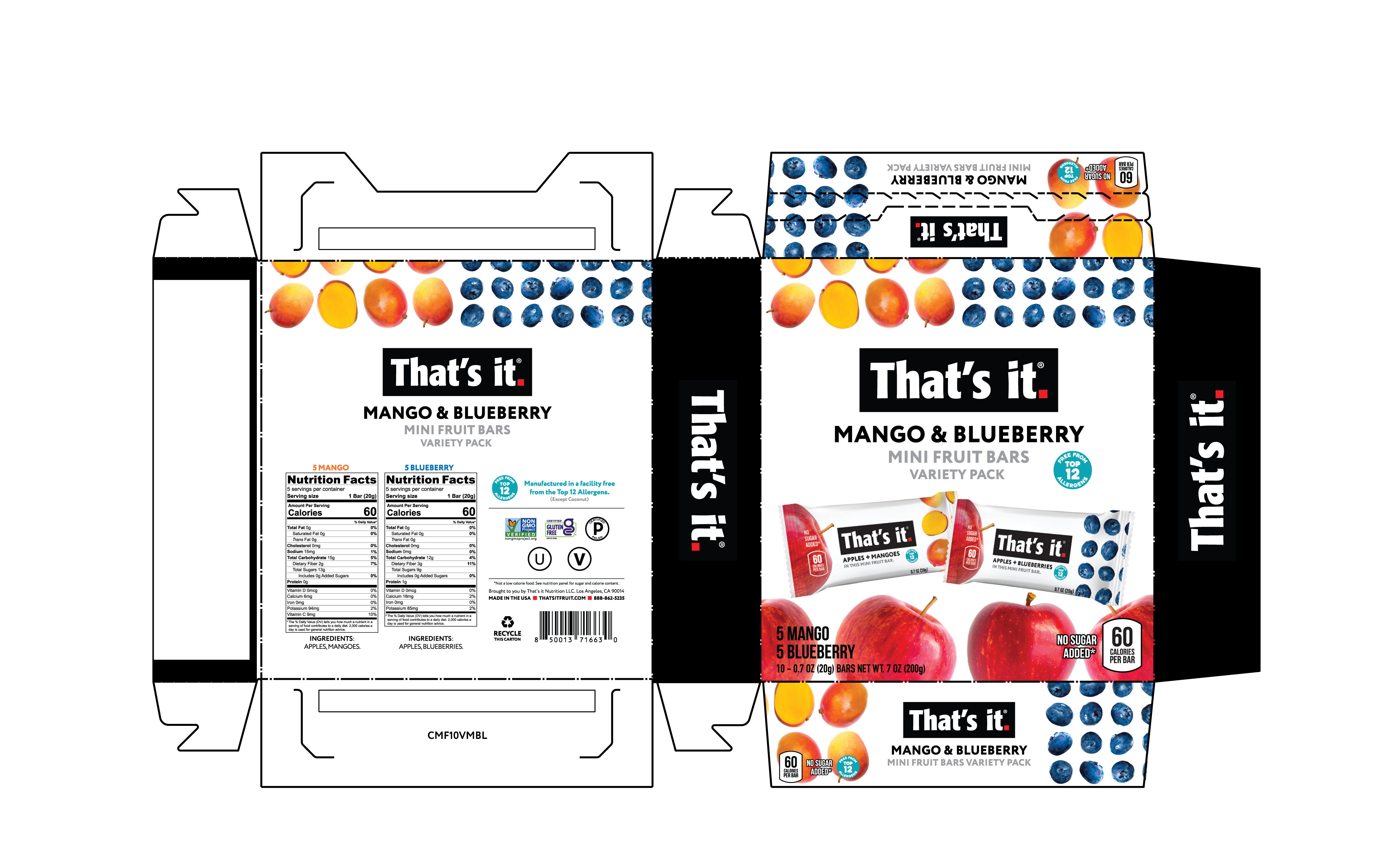 That's It Mango & Blueberry Mini Fruit Bars Variety Pack 6 innerpacks per case 7.0 oz Product Label