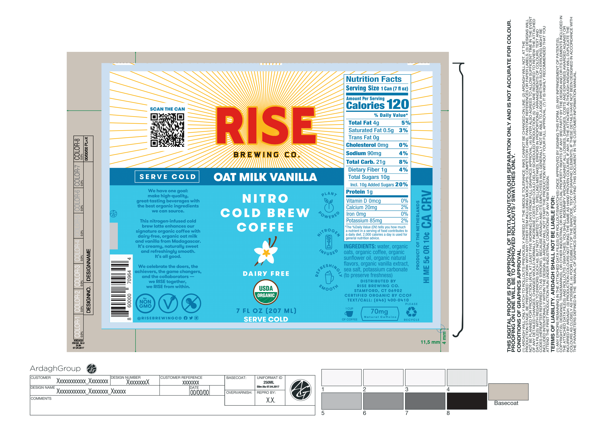 RISE Brewing Co., Vanilla - Oat Milk Coffee 7 fl.oz. 12 units per case 7.0 fl Product Label