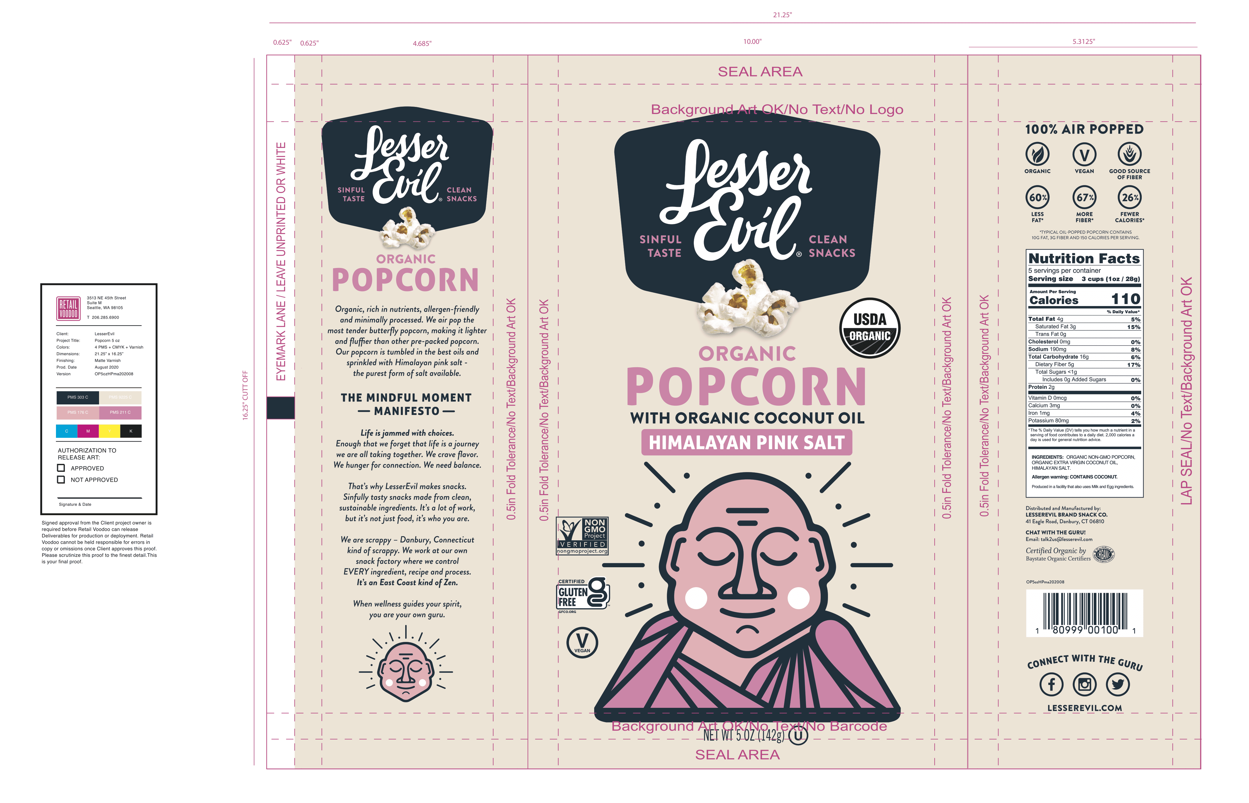 LesserEvil, Organic Popcorn Himalayan Pink Salt 12 units per case 4.6 oz Product Label