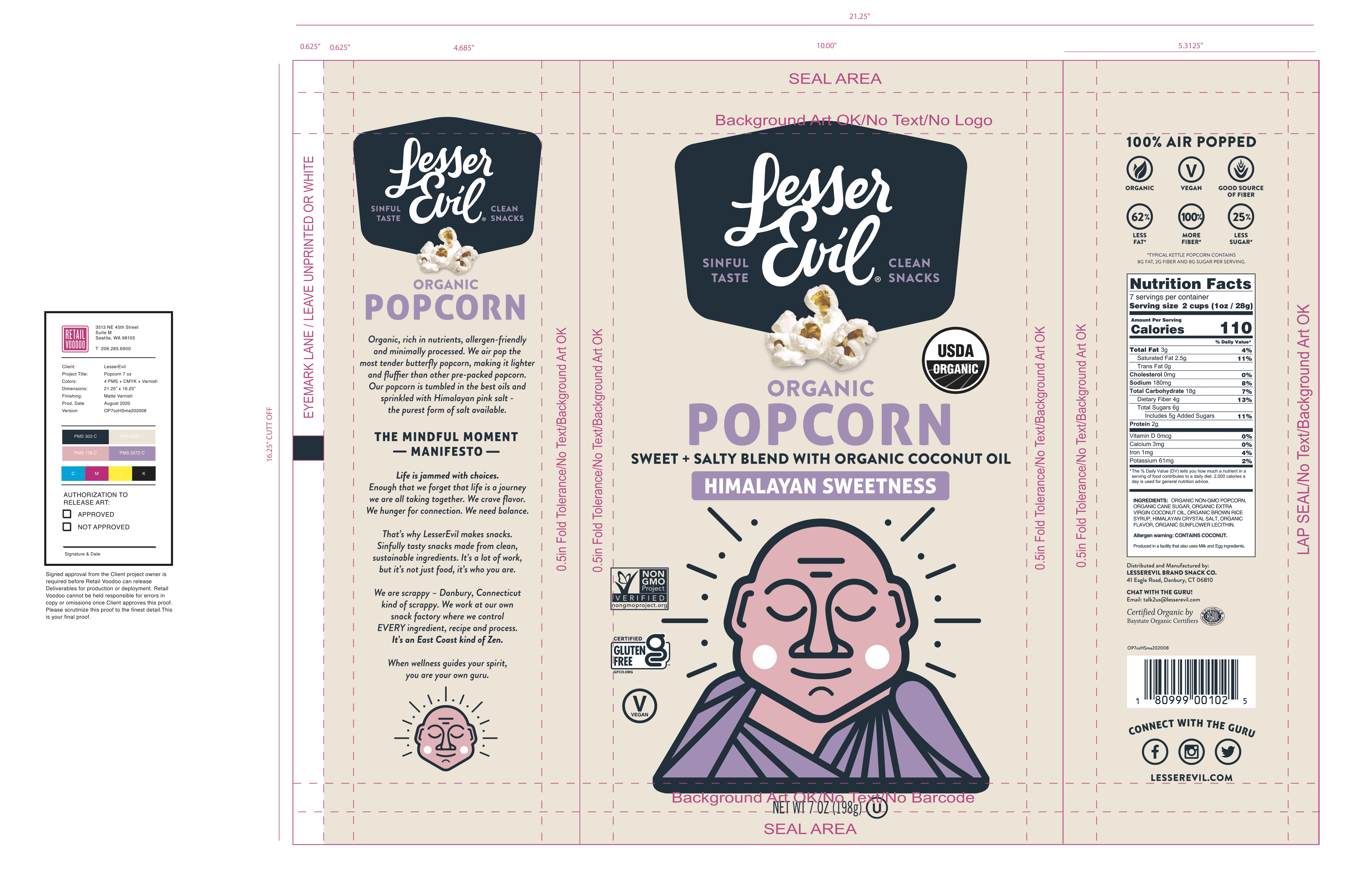 LesserEvil, Organic Popcorn Himalayan Sweetness 12 units per case 6.4 oz Product Label