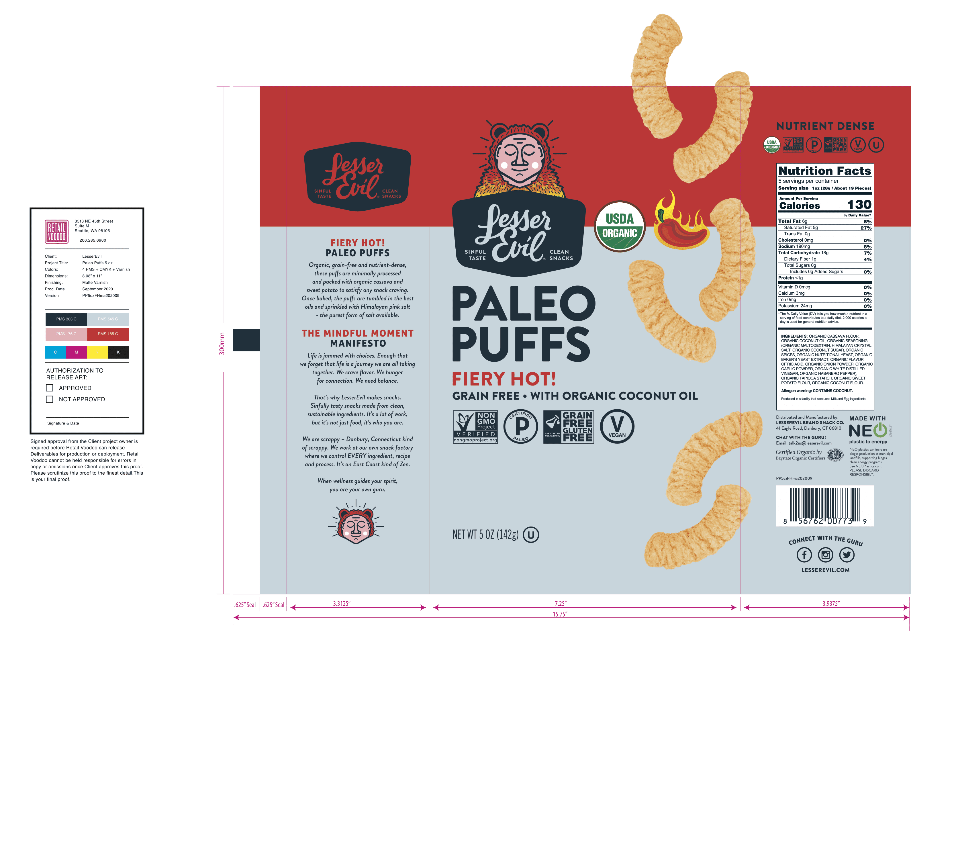 LesserEvil, Paleo Puffs Fiery Hot 9 units per case 5.0 oz Product Label