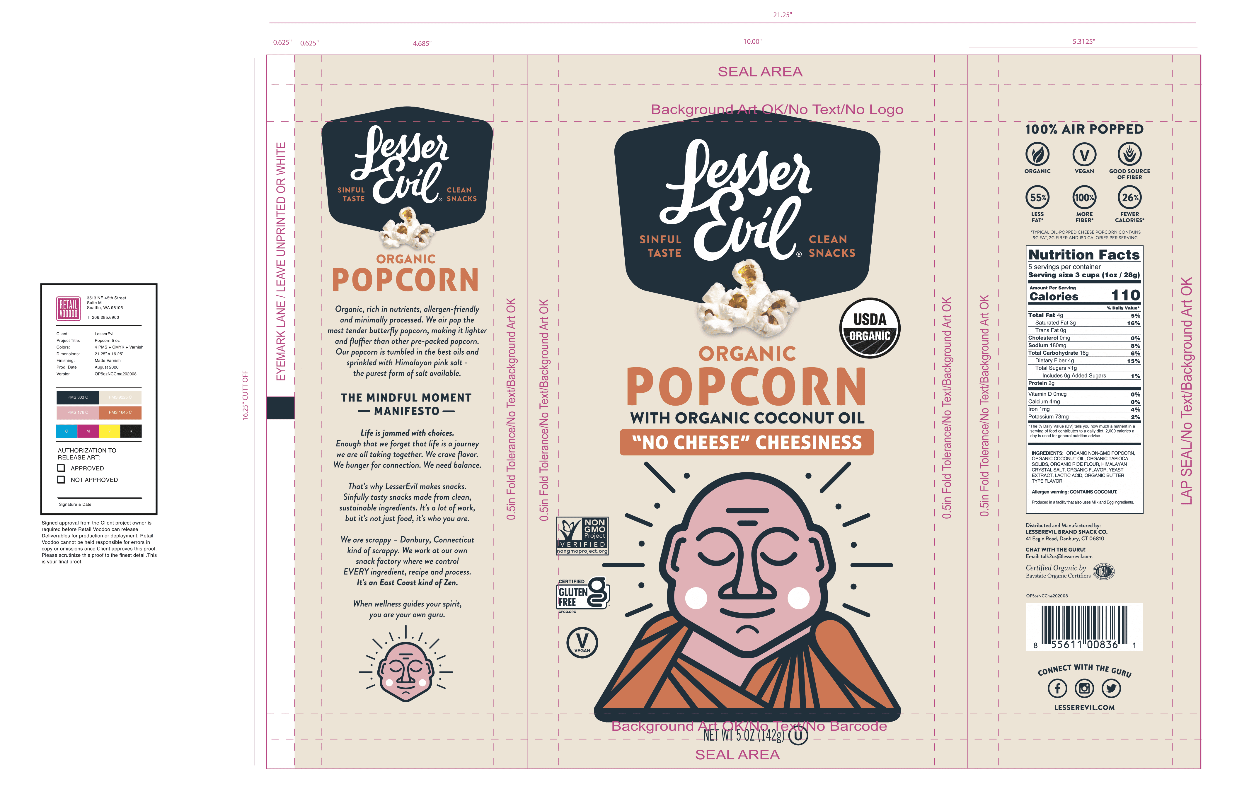 LesserEvil, Organic Popcorn''no Cheese'' Cheesines 12 units per case 4.6 oz Product Label