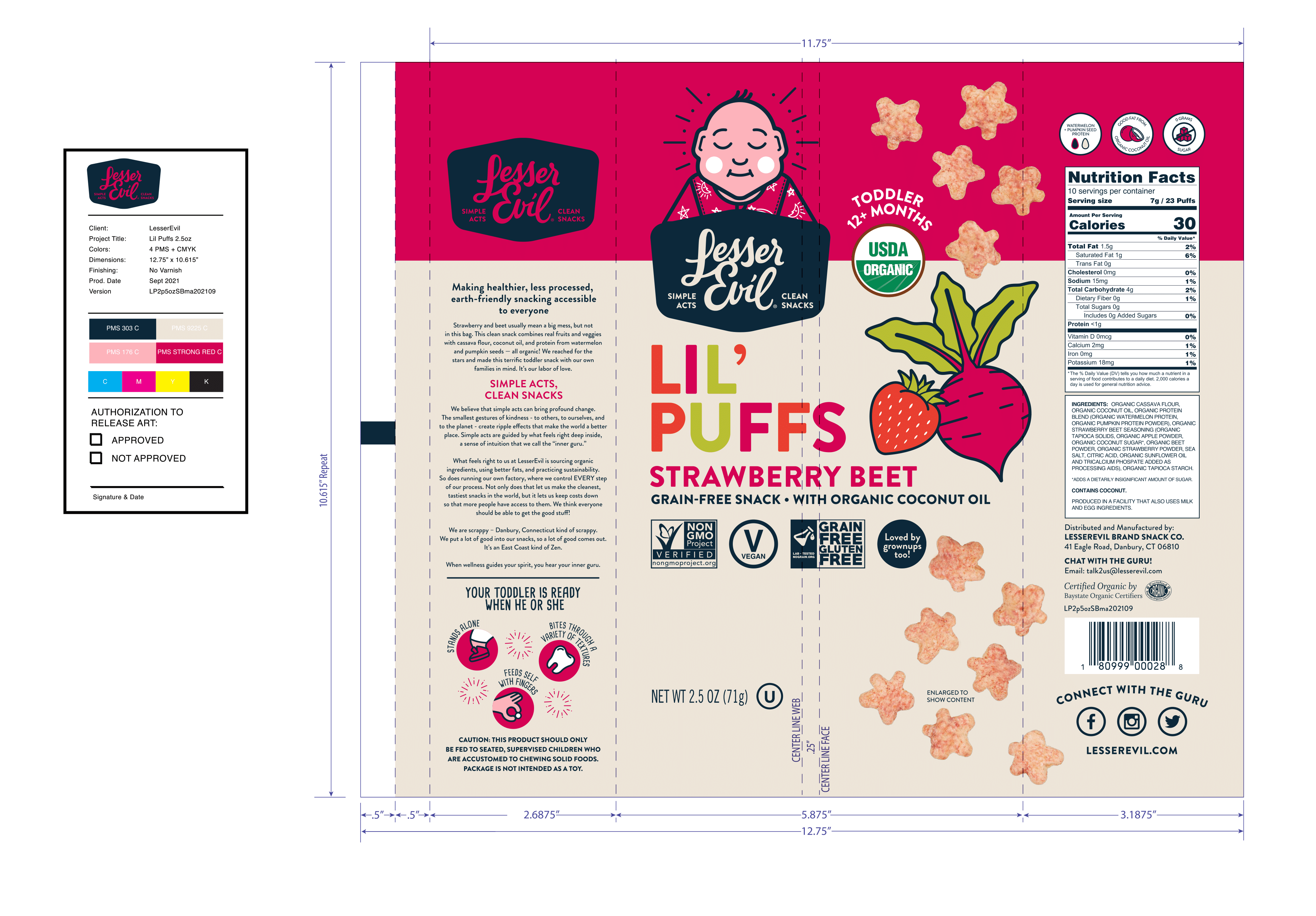 LesserEvil Lil Puffs, Strawberry Beet 4 innerpacks per case 2.5 oz Product Label
