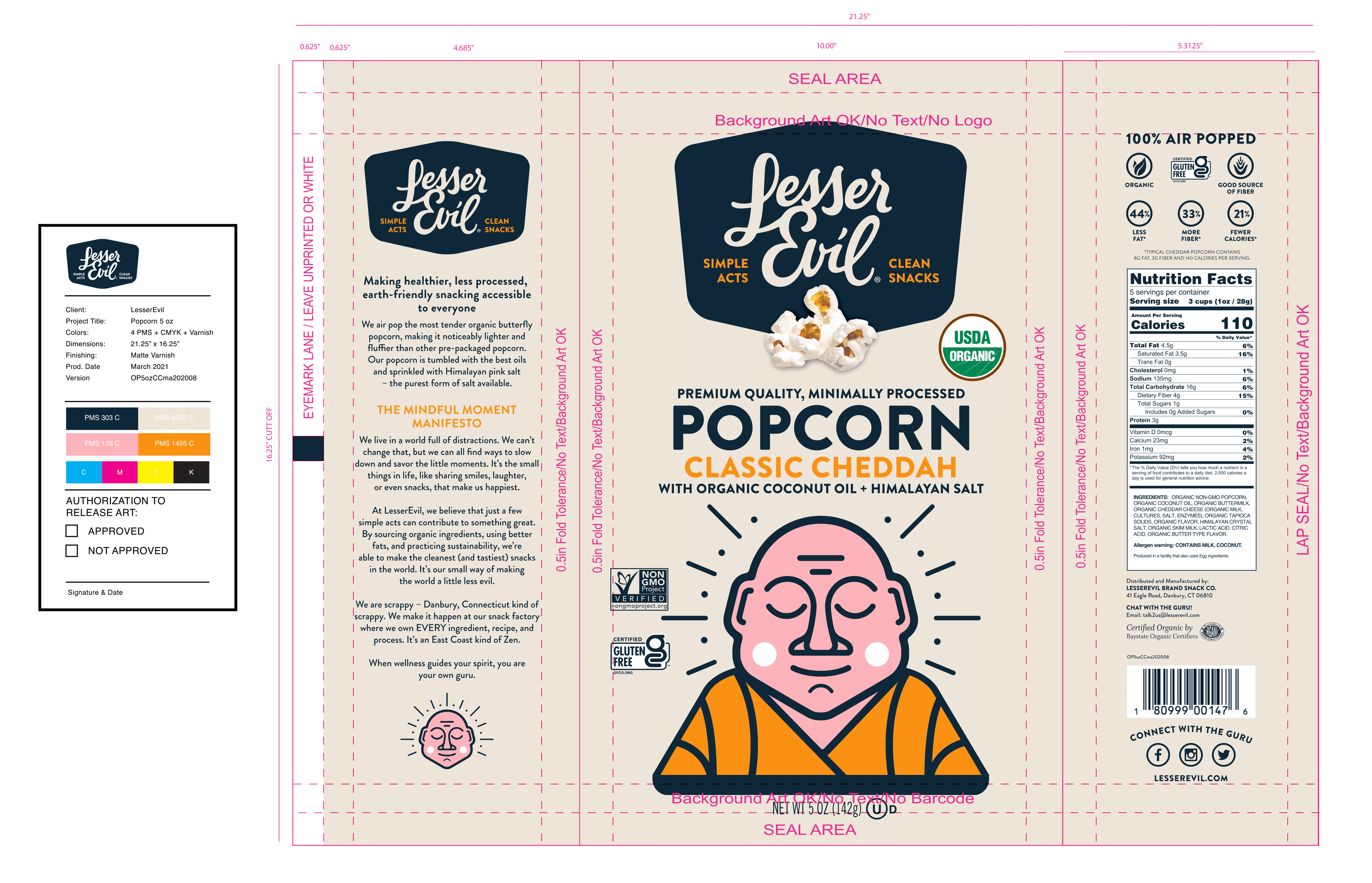 LesserEvil, Organic Popcorn Classic Cheddah 12 units per case 5.0 oz Product Label
