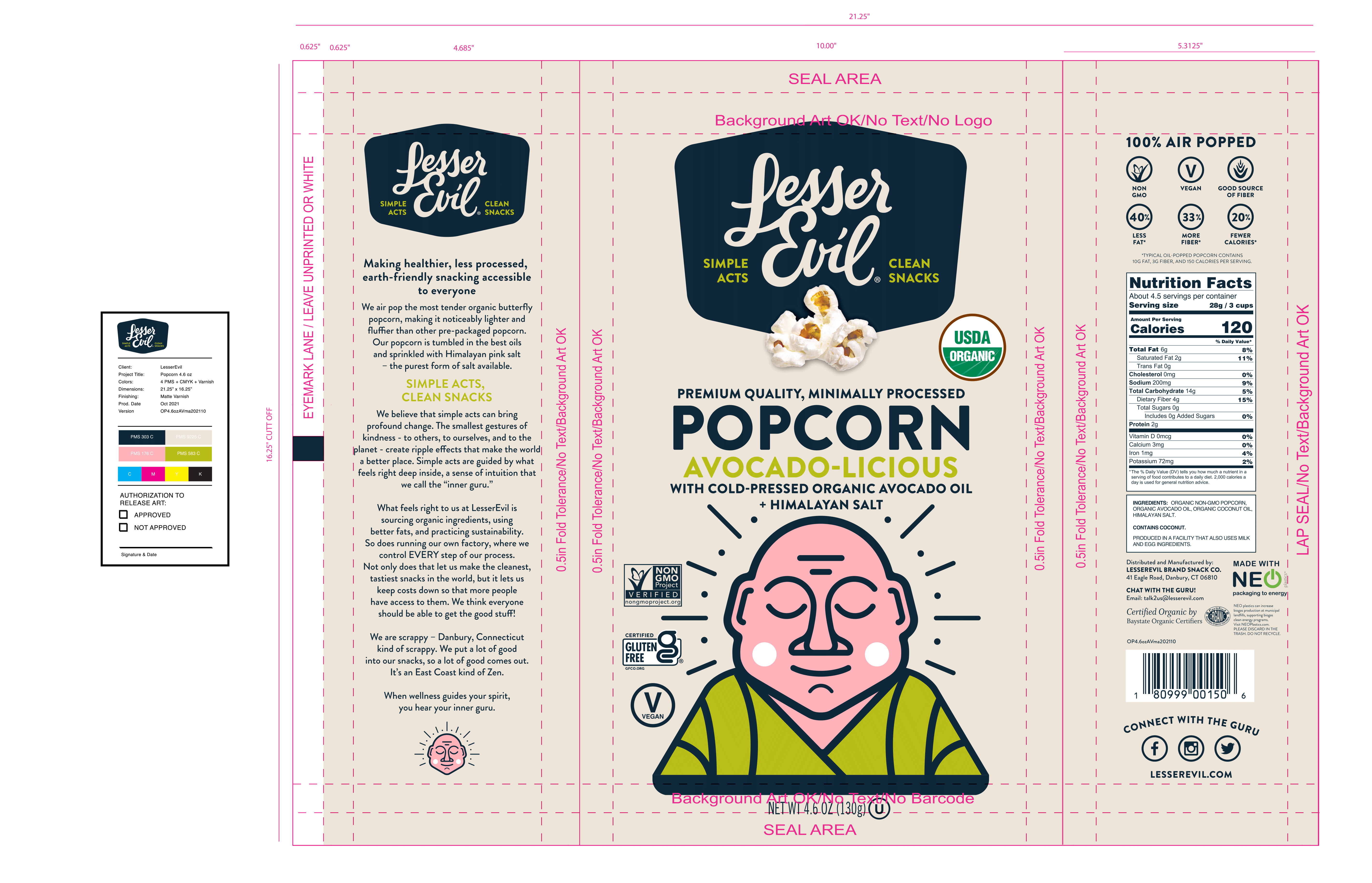 LesserEvil, Organic Popcorn Avocadolicious 12 units per case 4.6 oz Product Label