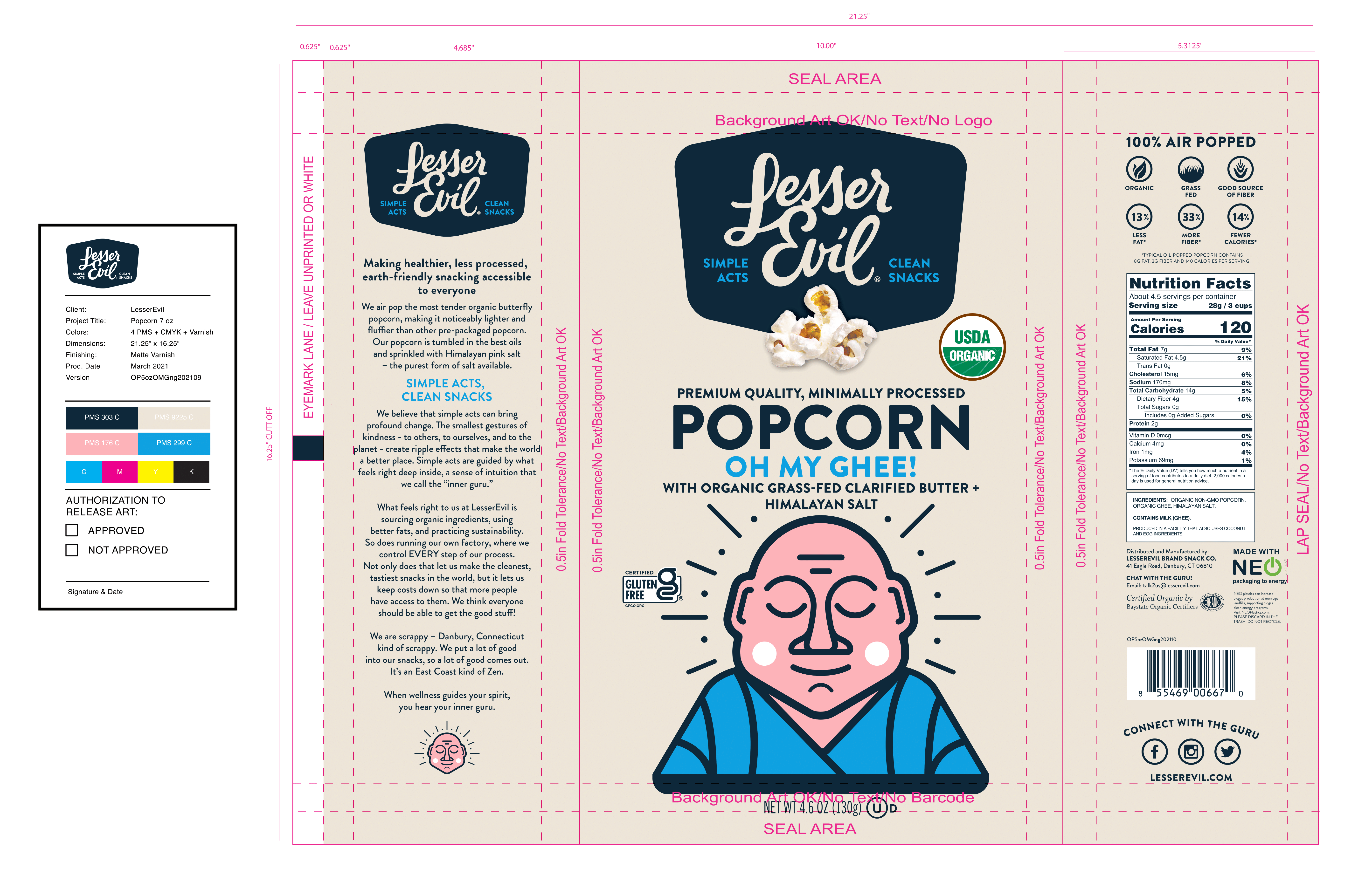 LesserEvil, Organic Popcorn Oh My Ghee! 12 units per case 4.6 oz Product Label
