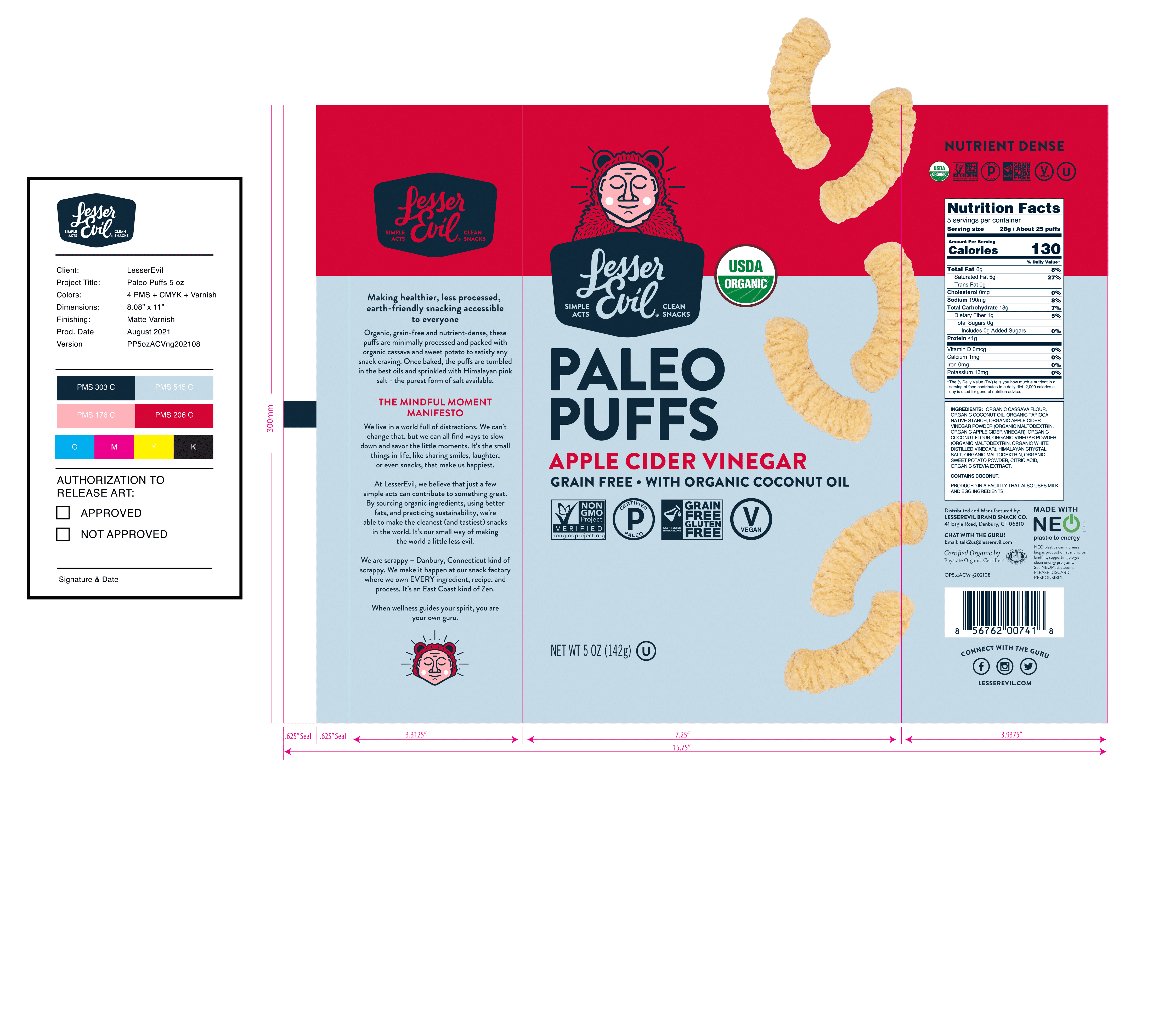LesserEvil, Paleo Puffs Apple Cider Vinegar 9 units per case 5.0 oz Product Label