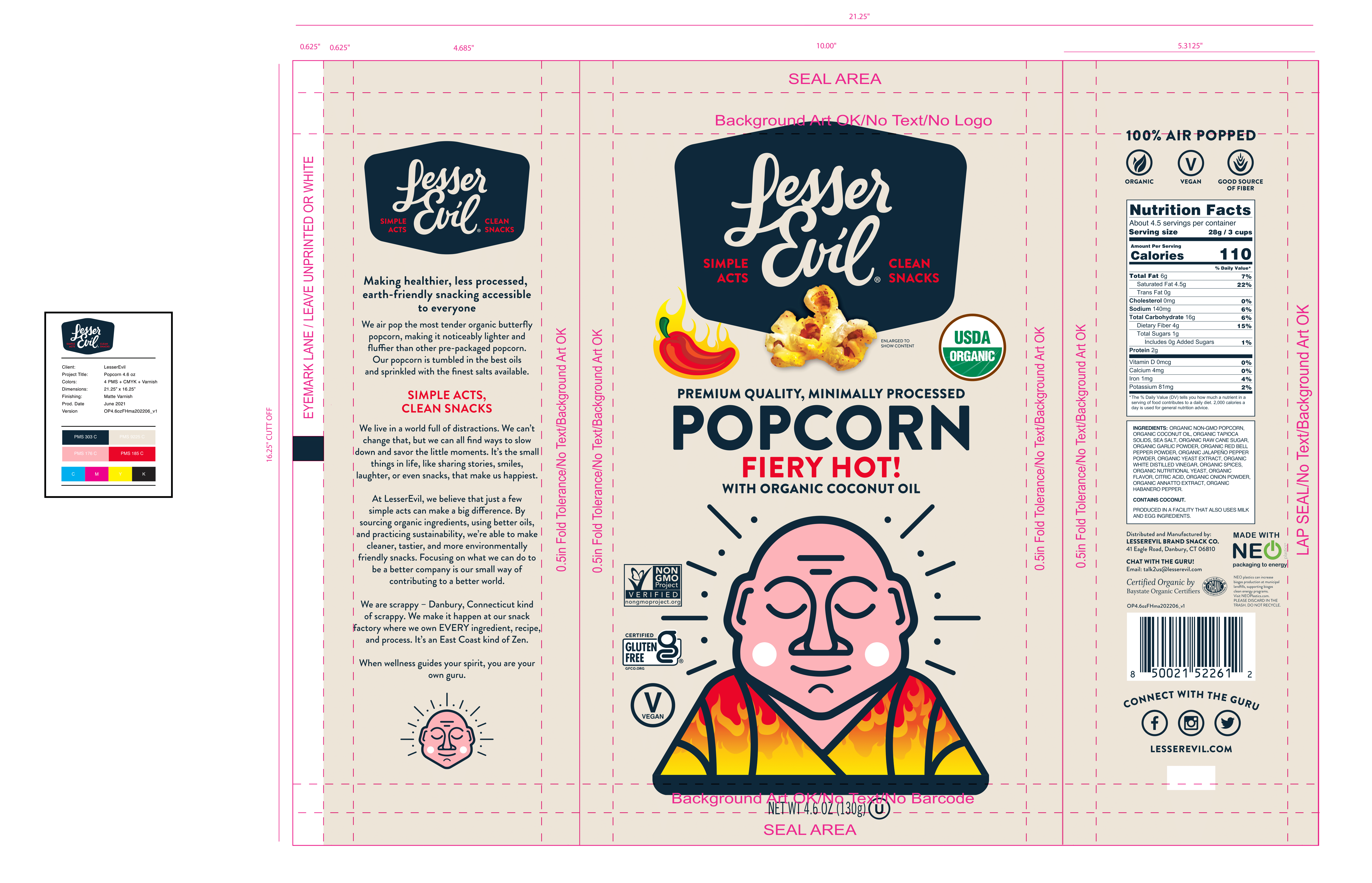 LesserEvil Organic Popcorn, Fiery Hot  4 units per case 4.6 oz Product Label