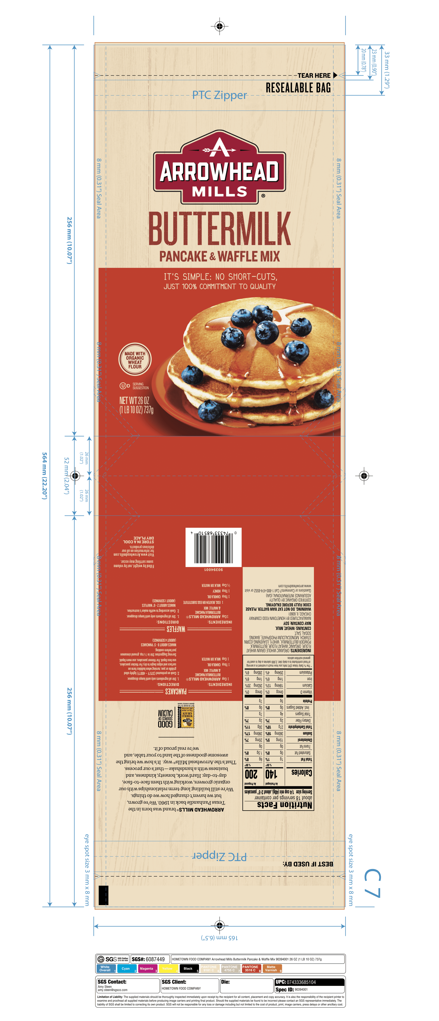 Arrowhead Mills Buttermilk Pancake & Waffle Mix 6 units per case 26.0 oz Product Label