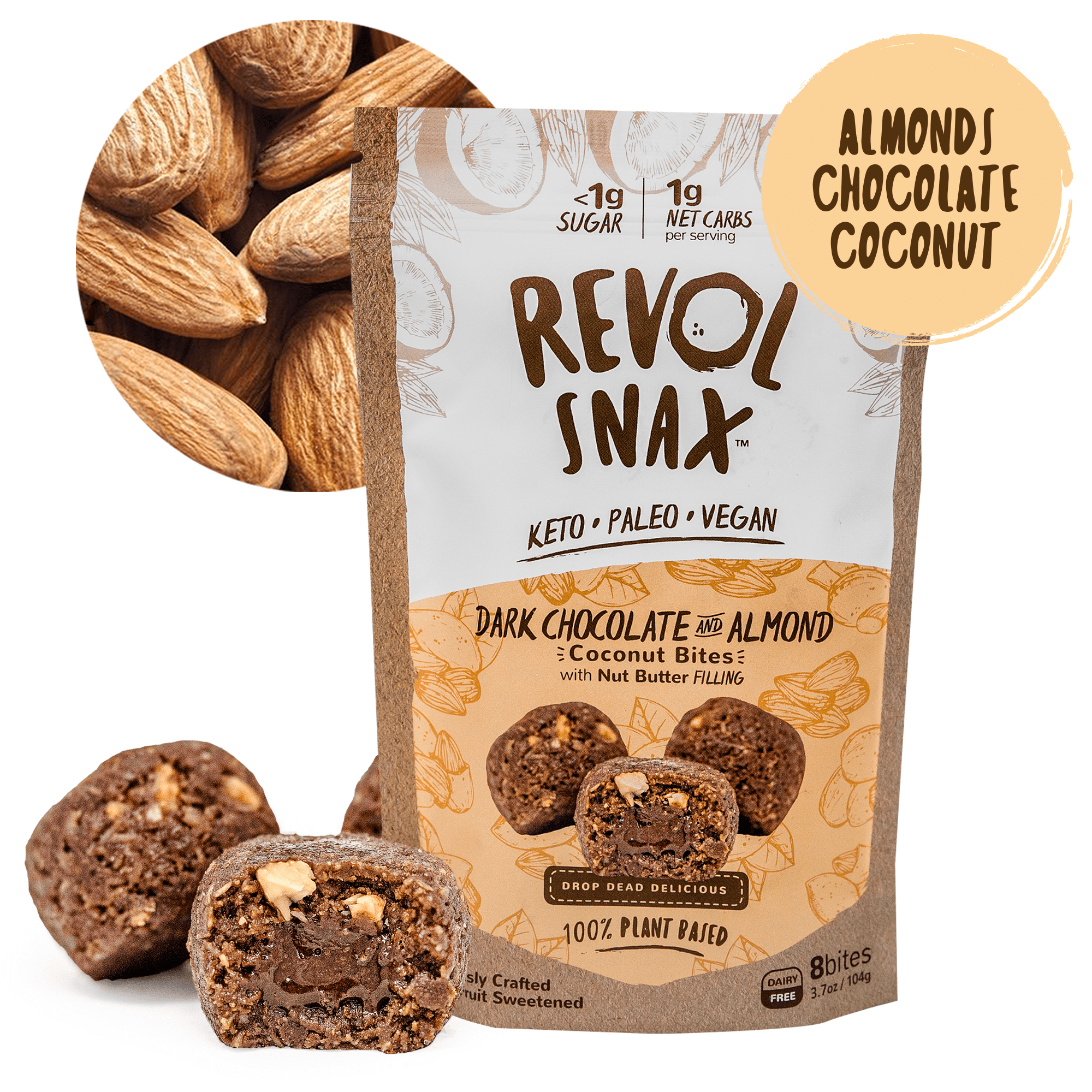 Revol Snax Dark Chocolate Almond Butter Coconut Bites 6 units per case 3.7 oz