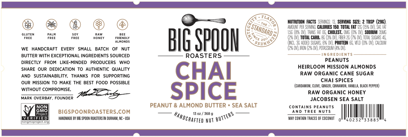 Big Spoon Roasters, Chai Spice Nut Butter, 6 units per case Product Label