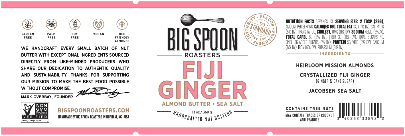 Big Spoon Roasters, Fiji Ginger Almond Butter, 6 units per case Product Label