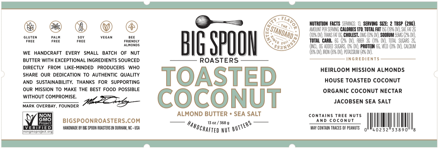 Big Spoon Roasters, Toasted Coconut Almond Butter, 6 units per case Product Label