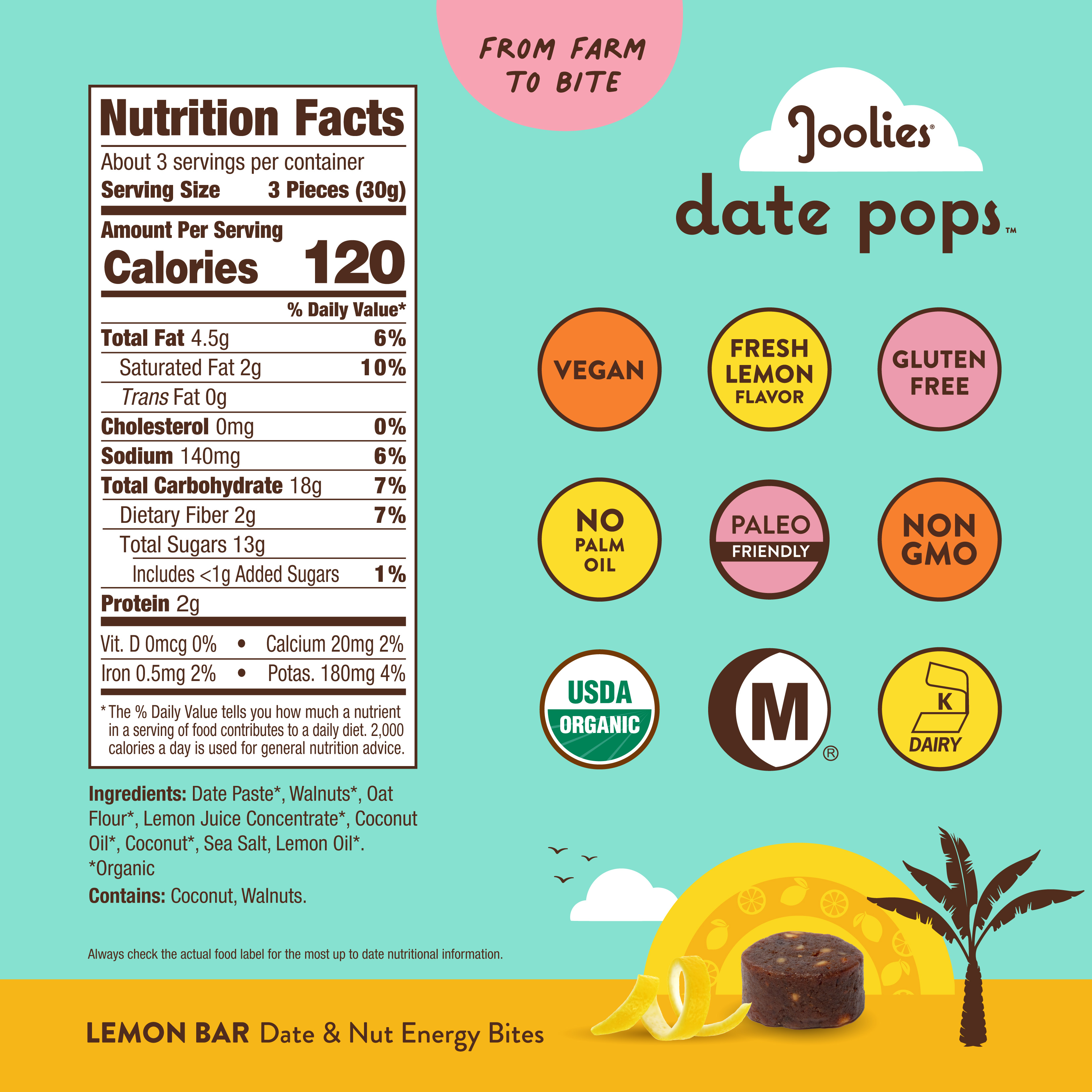 Date Pops Lemon Bar 3.5 oz 6 units per case 3.5 oz Nutrition Info