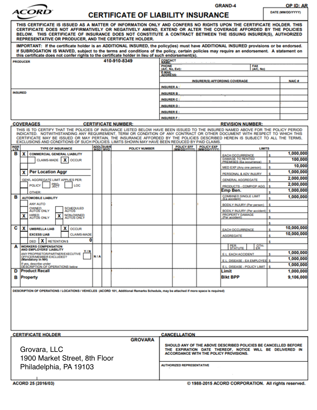 Certificate of Liability Insurance