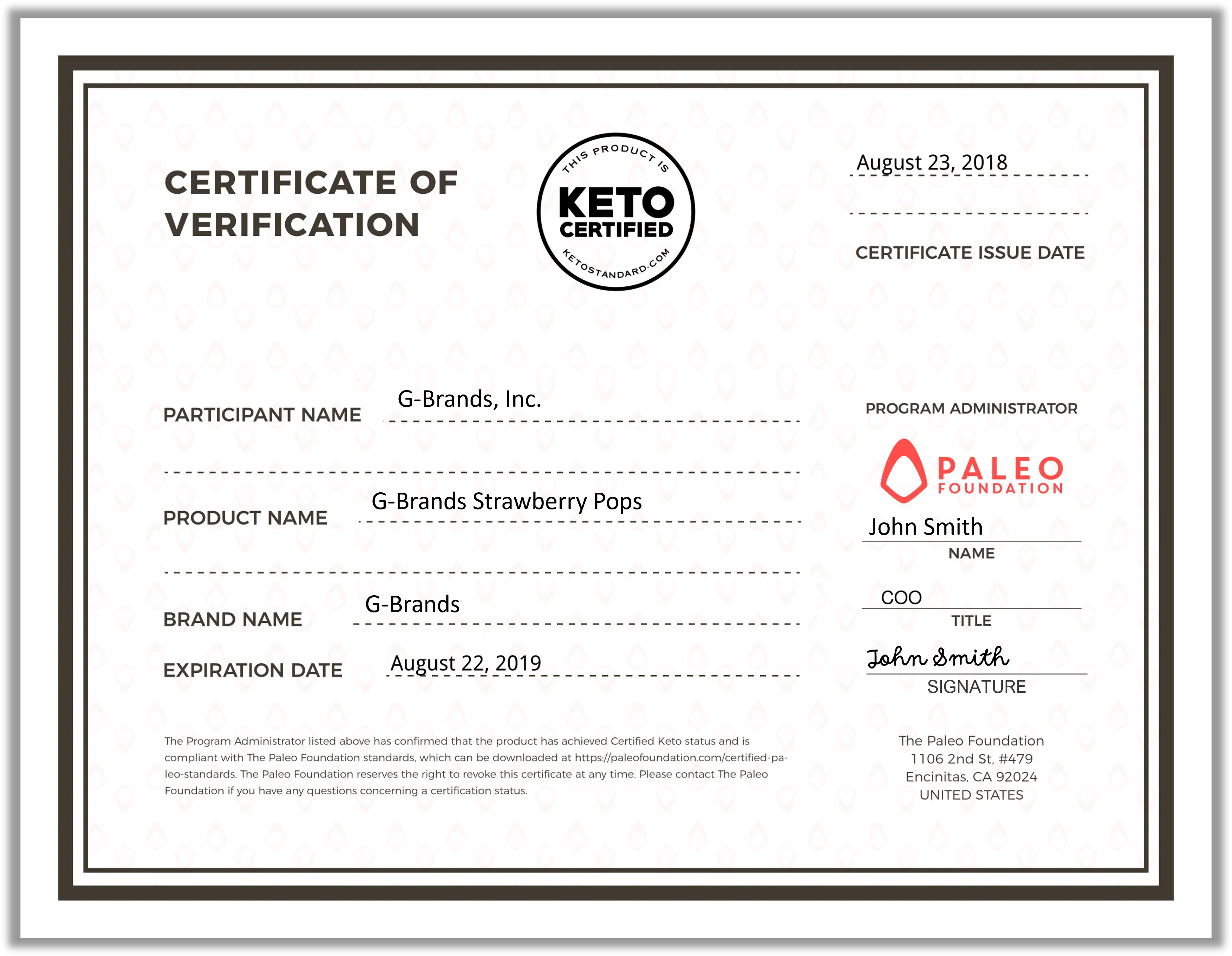 Example Keto Certificate