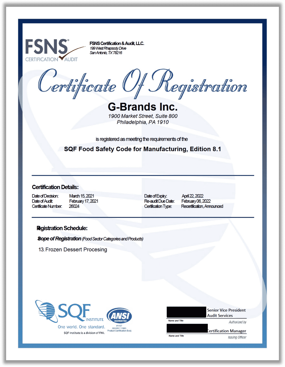 Example Manufacturing Certificate